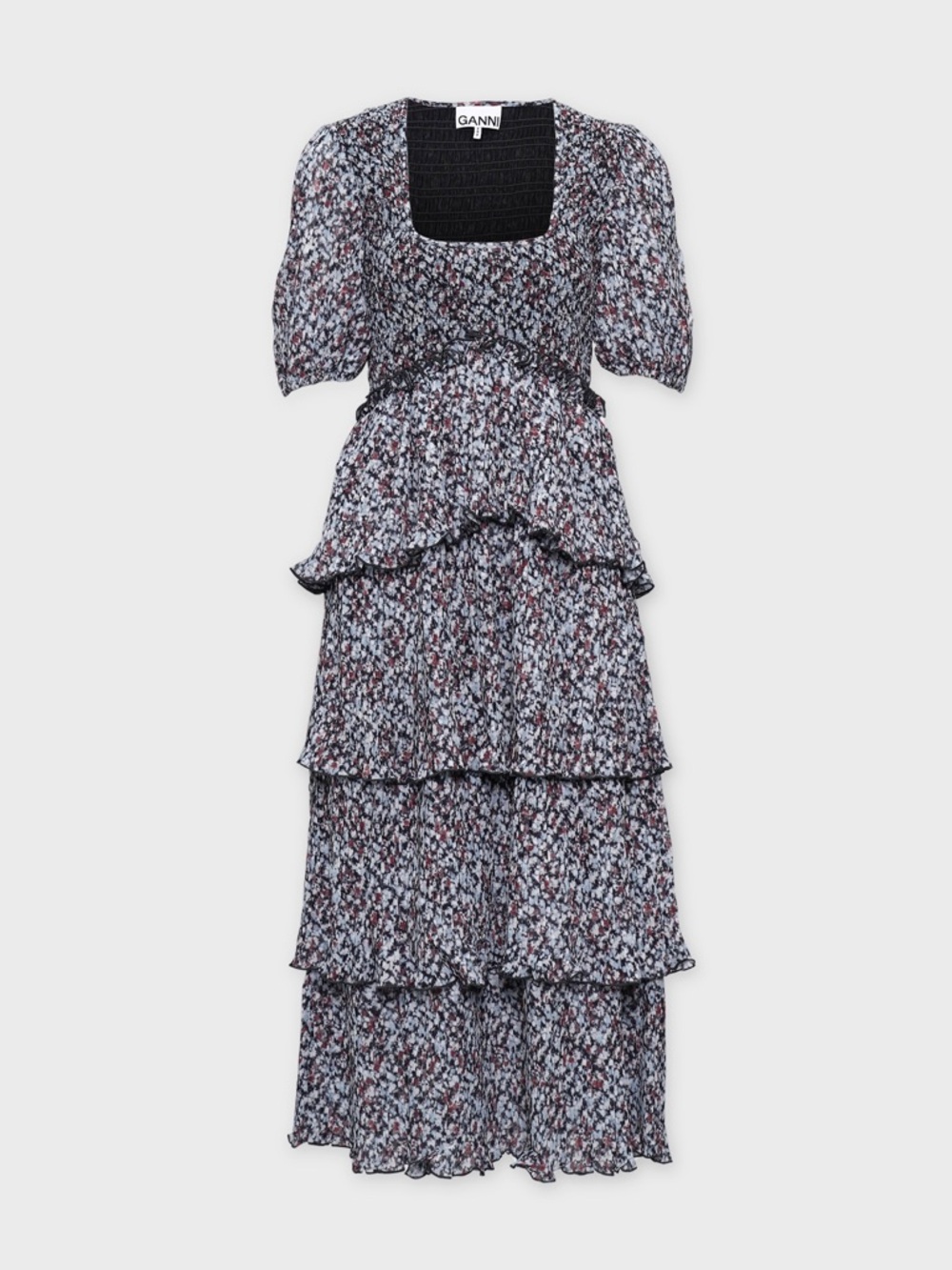 GANNI Pleated Georgette Smock Midi Dress Phantom Floral